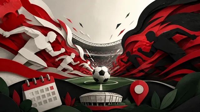 Ilustração de forças rivais convergindo para uma bola no centro de um estádio