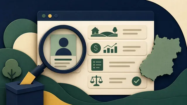 Ilustração de consulta eleitoral com lupa, fichas de candidatura, bens e mapa de Goiás