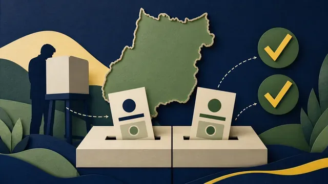 Ilustração de duas escolhas separadas para o Senado diante de uma urna e do mapa de Goiás