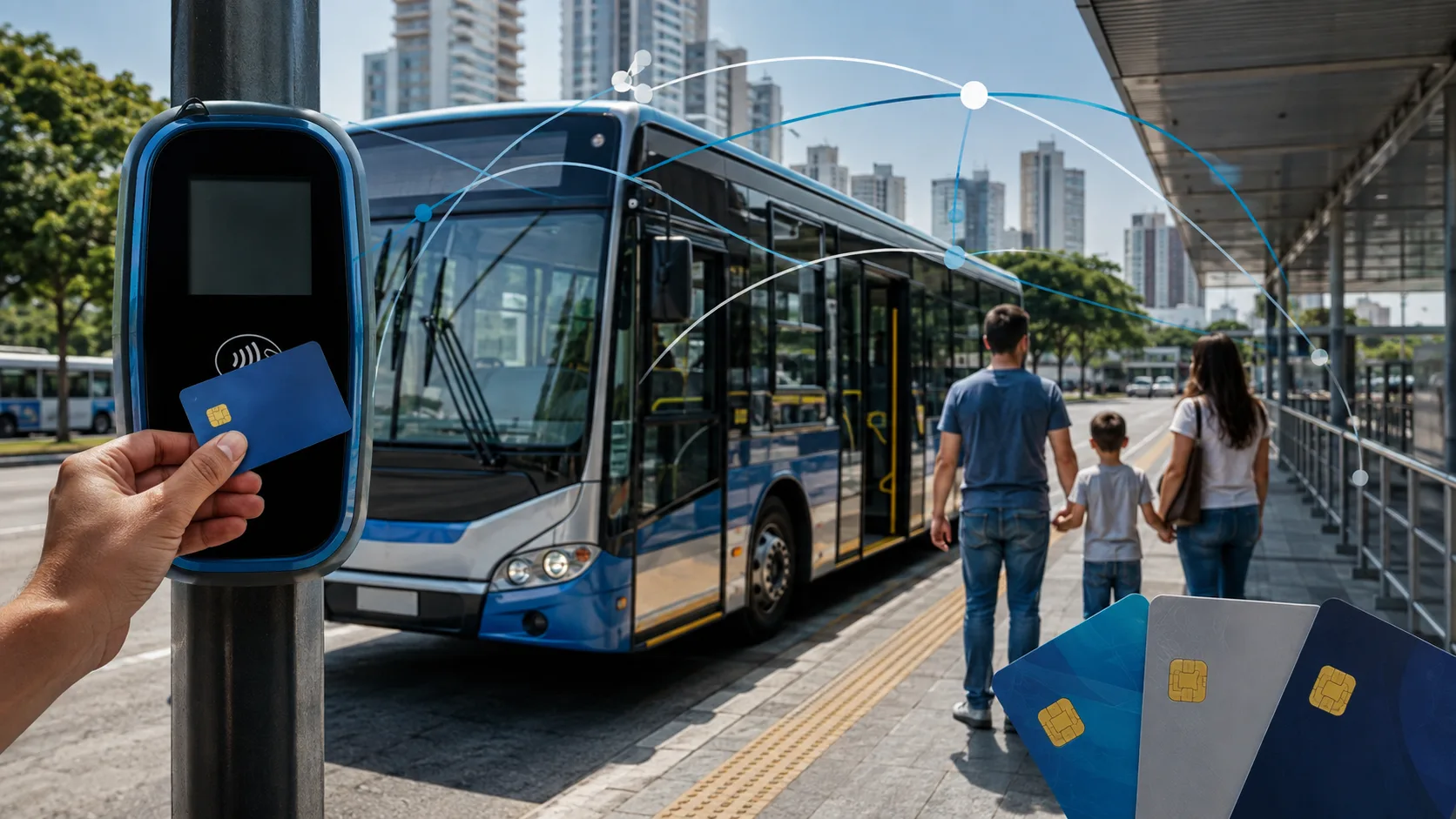 Ilustração de ônibus urbano, cartões de transporte e linhas conectadas em Goiânia