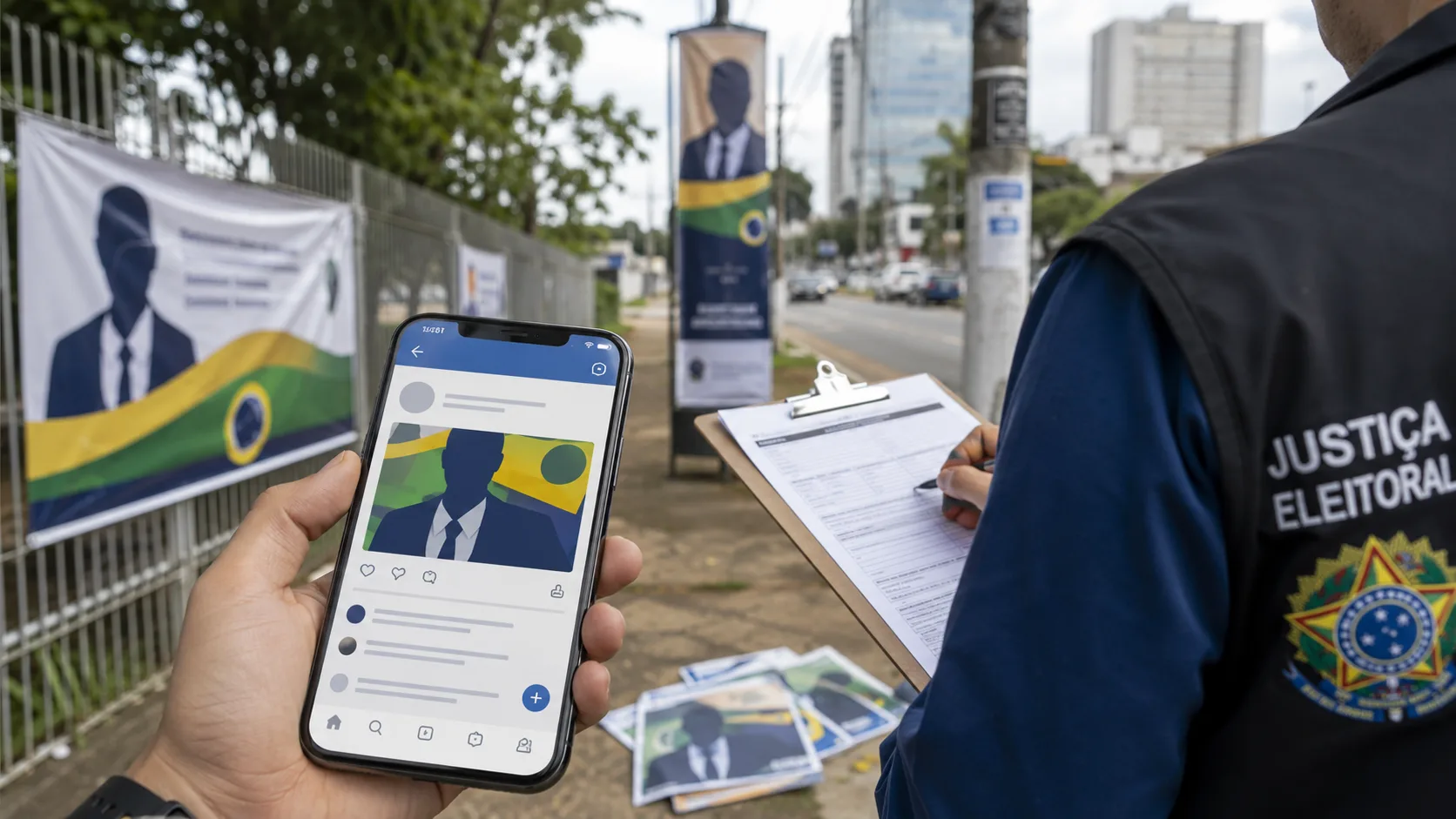 Ilustração com celular, publicações digitais, escudo de alerta e limites da propaganda eleitoral