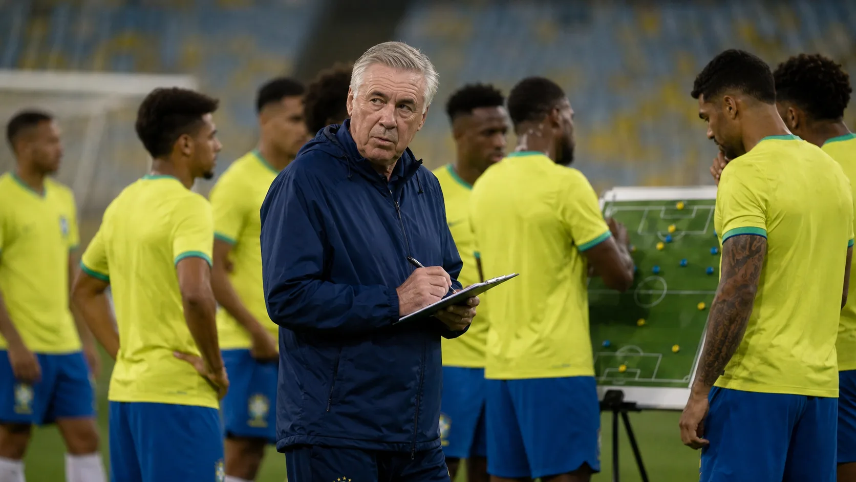Ilustração da Seleção Brasileira com camisa genérica, quadro tático e caminho até 2030