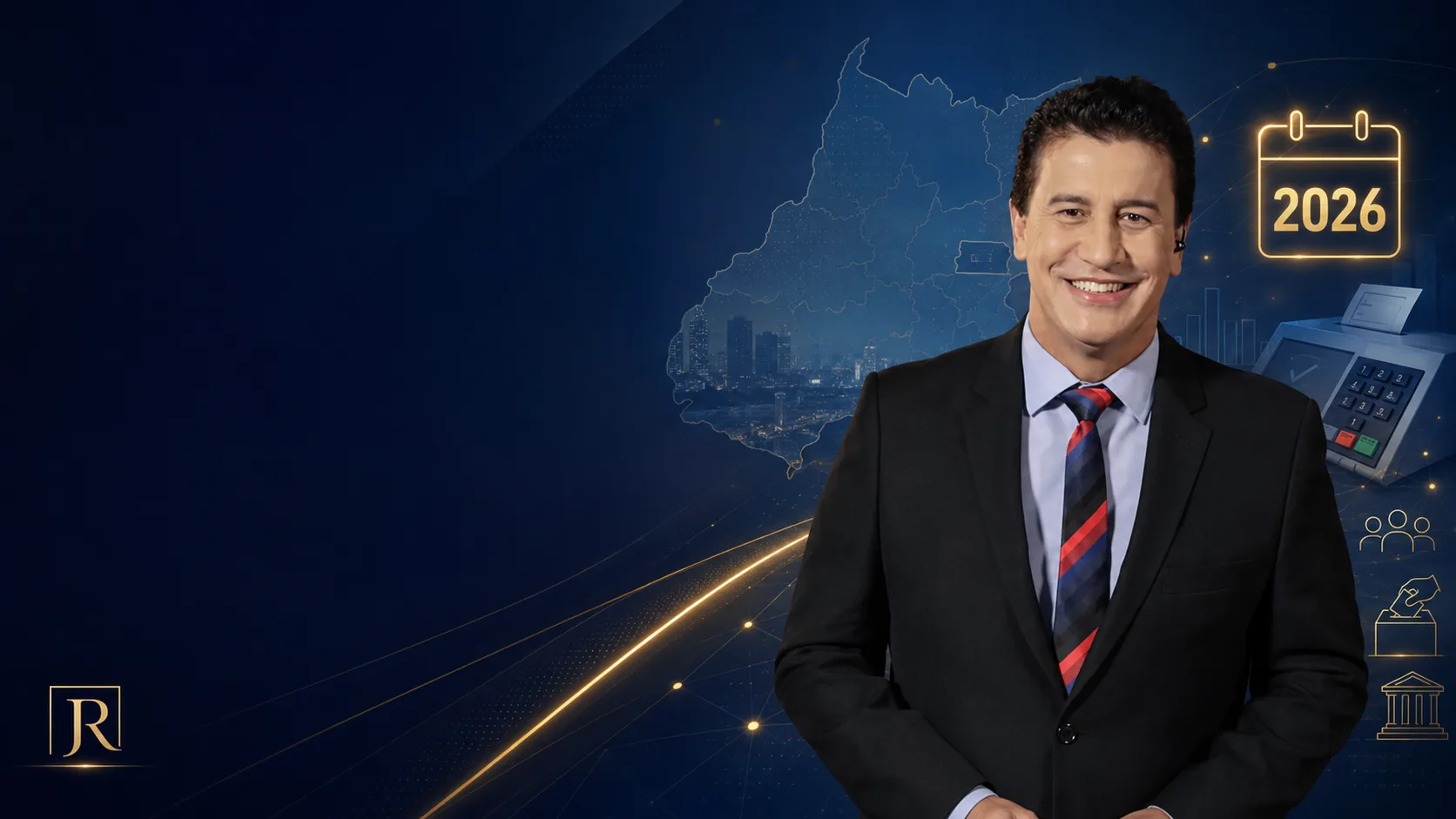 Urna eletrônica diante do mapa de Goiás representando as Eleições 2026