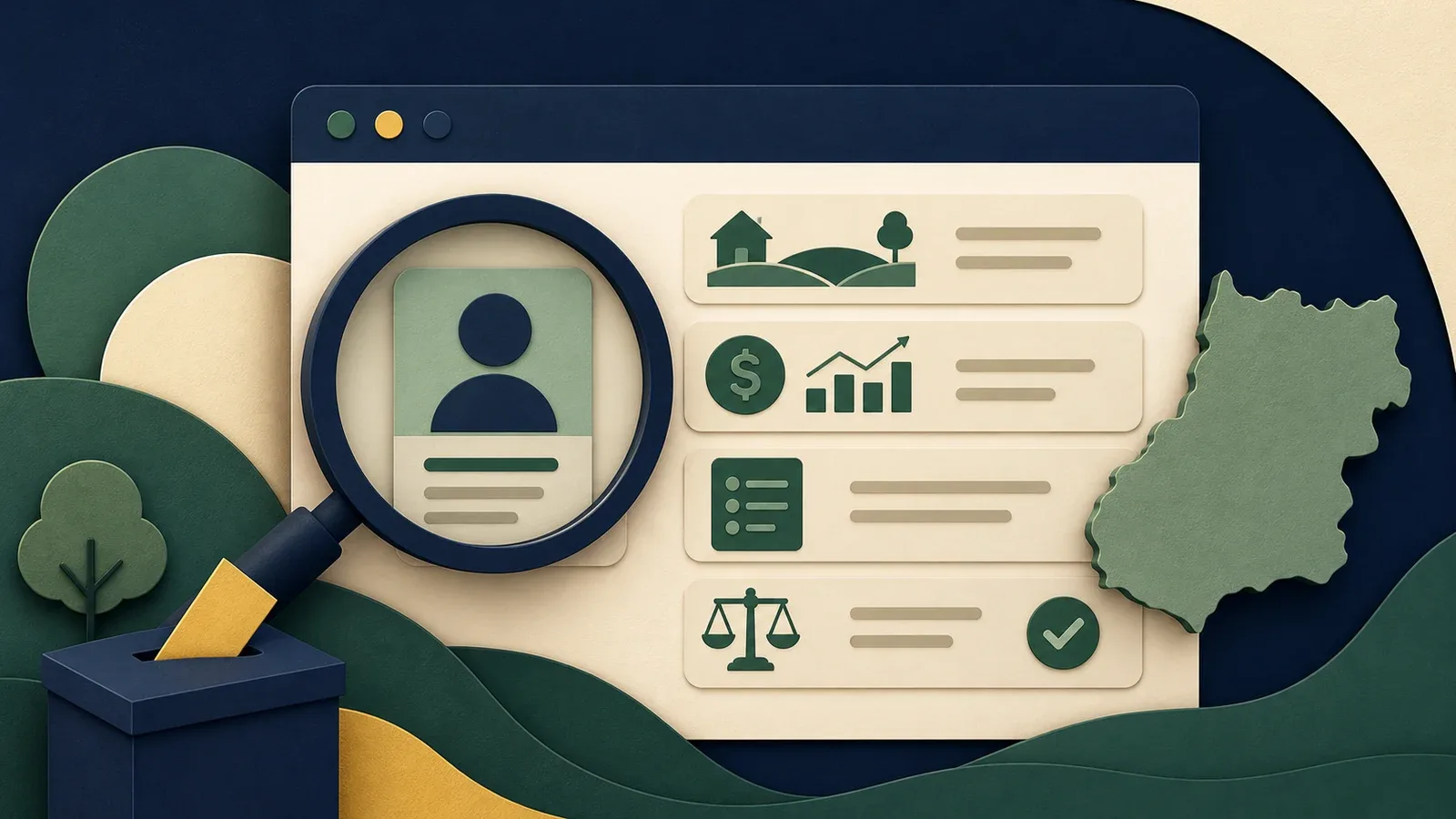 Ilustração de consulta eleitoral com lupa, fichas de candidatura, bens e mapa de Goiás