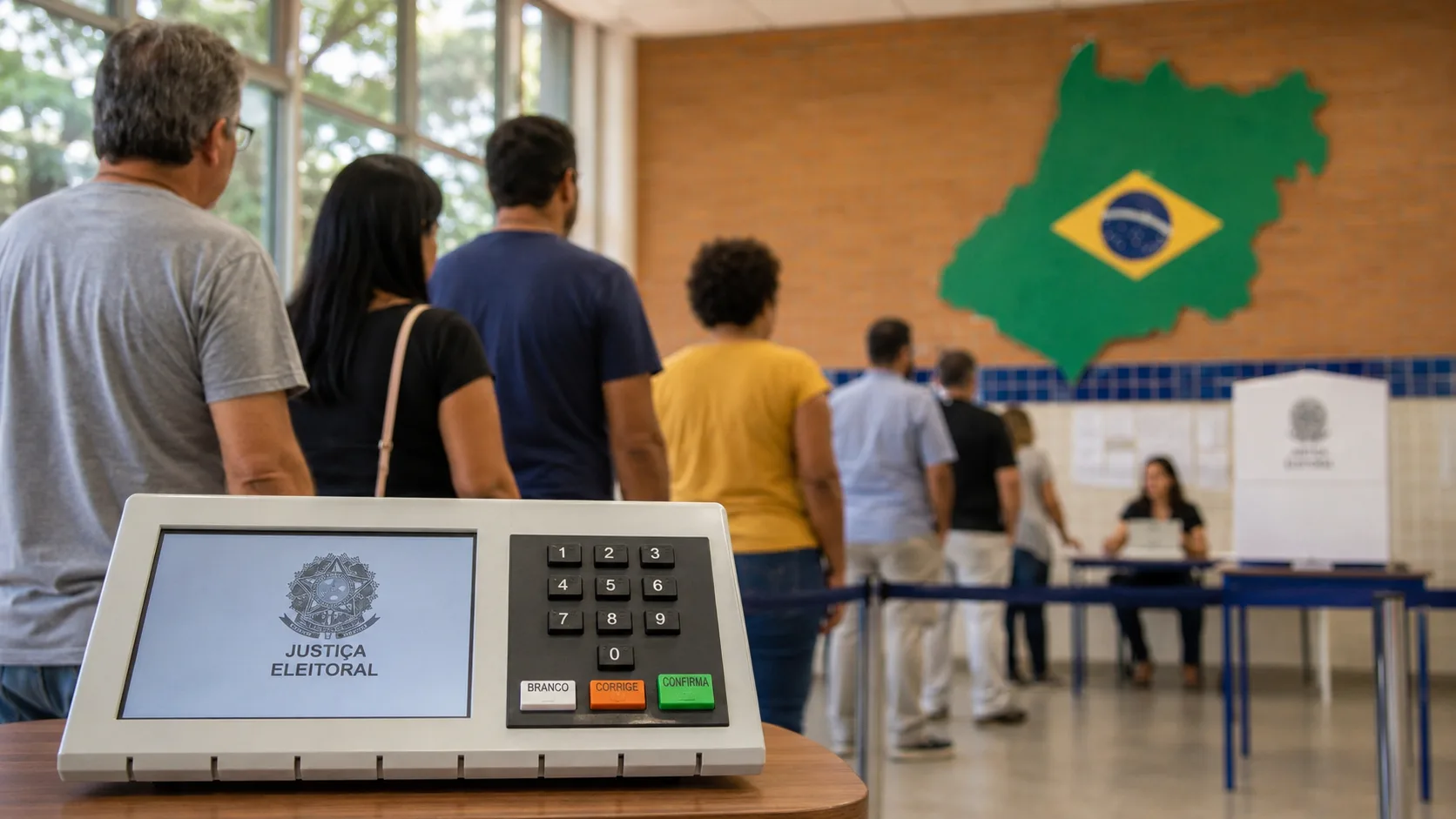 Ilustração do eleitorado goiano com multidão diversa, impressão digital, urna e mapa de Goiás