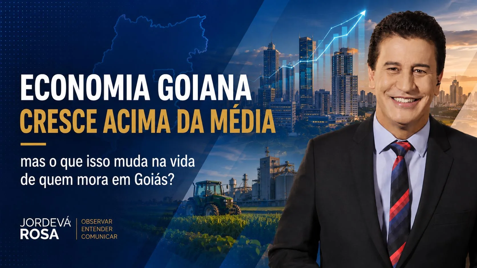 Vista urbana e econômica de Goiás com prédios, comércio, indústria e atividade logística