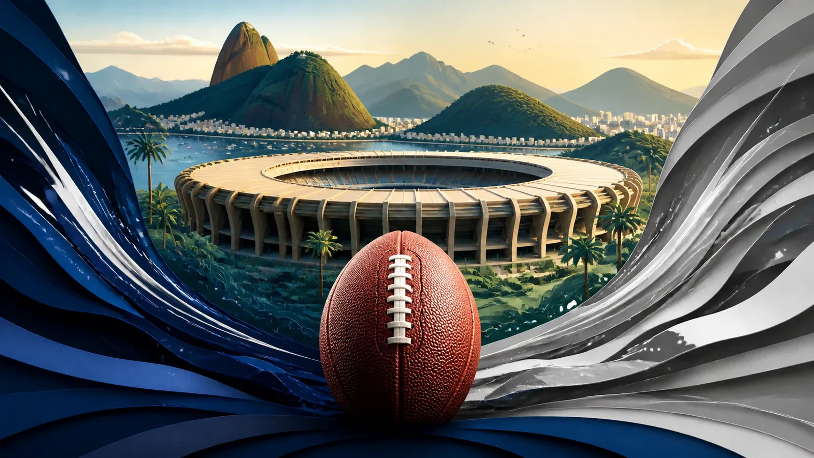 Ilustração de futebol americano em estádio com paisagem inspirada no Rio de Janeiro