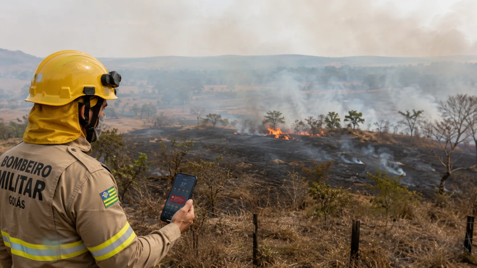 Ilustração do Cerrado seco com limite de fogo, alerta, sol e mapa de Goiás